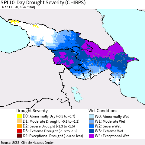 Azerbaijan, Armenia and Georgia SPI 10-Day Drought Severity (CHIRPS) Thematic Map For 3/11/2024 - 3/20/2024