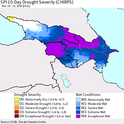 Azerbaijan, Armenia and Georgia SPI 10-Day Drought Severity (CHIRPS) Thematic Map For 3/16/2024 - 3/25/2024
