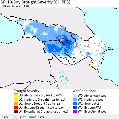 Azerbaijan, Armenia and Georgia SPI 10-Day Drought Severity (CHIRPS) Thematic Map For 3/21/2024 - 3/31/2024