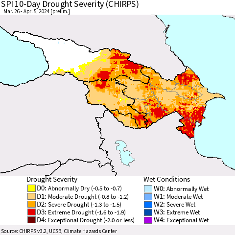 Azerbaijan, Armenia and Georgia SPI 10-Day Drought Severity (CHIRPS) Thematic Map For 3/26/2024 - 4/5/2024