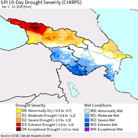Azerbaijan, Armenia and Georgia SPI 10-Day Drought Severity (CHIRPS) Thematic Map For 4/1/2024 - 4/10/2024