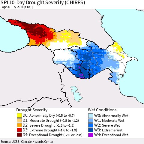 Azerbaijan, Armenia and Georgia SPI 10-Day Drought Severity (CHIRPS) Thematic Map For 4/6/2024 - 4/15/2024