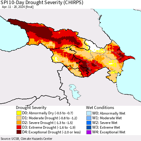 Azerbaijan, Armenia and Georgia SPI 10-Day Drought Severity (CHIRPS) Thematic Map For 4/11/2024 - 4/20/2024