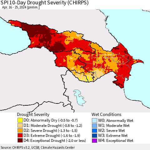 Azerbaijan, Armenia and Georgia SPI 10-Day Drought Severity (CHIRPS) Thematic Map For 4/16/2024 - 4/25/2024