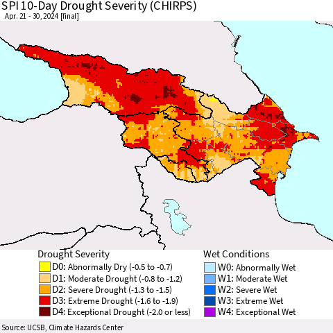 Azerbaijan, Armenia and Georgia SPI 10-Day Drought Severity (CHIRPS) Thematic Map For 4/21/2024 - 4/30/2024