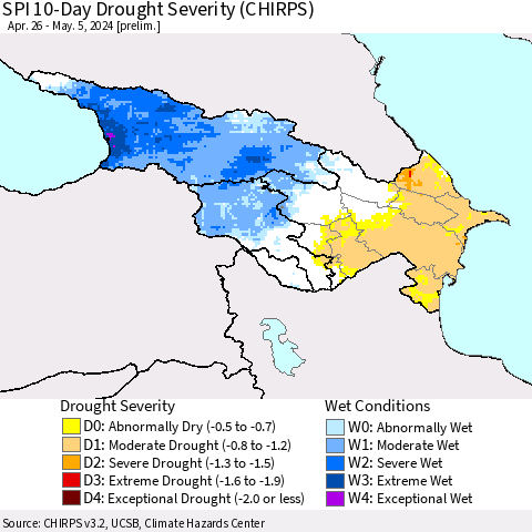 Azerbaijan, Armenia and Georgia SPI 10-Day Drought Severity (CHIRPS) Thematic Map For 4/26/2024 - 5/5/2024