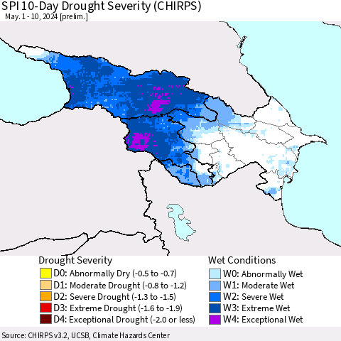Azerbaijan, Armenia and Georgia SPI 10-Day Drought Severity (CHIRPS) Thematic Map For 5/1/2024 - 5/10/2024