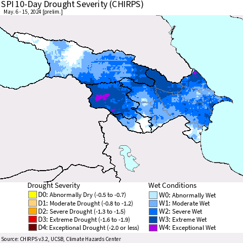 Azerbaijan, Armenia and Georgia SPI 10-Day Drought Severity (CHIRPS) Thematic Map For 5/6/2024 - 5/15/2024