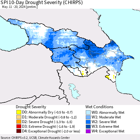 Azerbaijan, Armenia and Georgia SPI 10-Day Drought Severity (CHIRPS) Thematic Map For 5/11/2024 - 5/20/2024