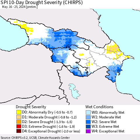 Azerbaijan, Armenia and Georgia SPI 10-Day Drought Severity (CHIRPS) Thematic Map For 5/16/2024 - 5/25/2024