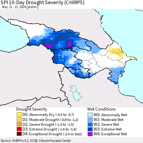 Azerbaijan, Armenia and Georgia SPI 10-Day Drought Severity (CHIRPS) Thematic Map For 5/21/2024 - 5/31/2024