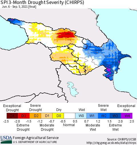 Azerbaijan, Armenia and Georgia SPI 3-Month Drought Severity (CHIRPS) Thematic Map For 6/6/2021 - 9/5/2021