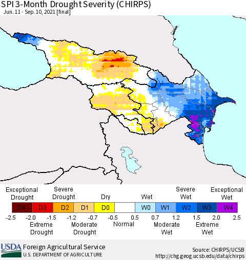 Azerbaijan, Armenia and Georgia SPI 3-Month Drought Severity (CHIRPS) Thematic Map For 6/11/2021 - 9/10/2021