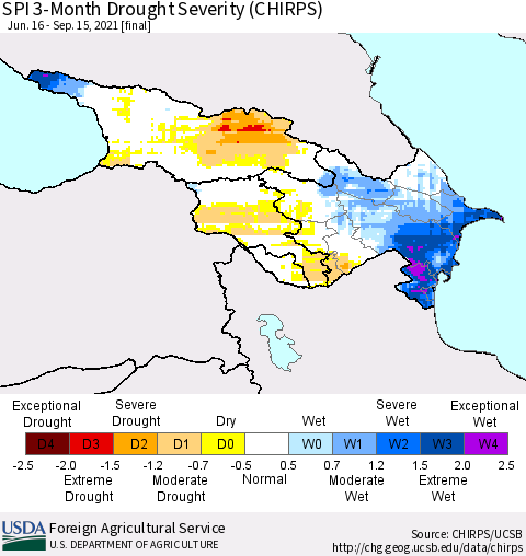 Azerbaijan, Armenia and Georgia SPI 3-Month Drought Severity (CHIRPS) Thematic Map For 6/16/2021 - 9/15/2021