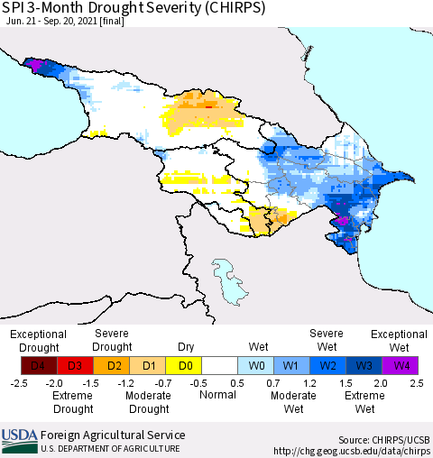 Azerbaijan, Armenia and Georgia SPI 3-Month Drought Severity (CHIRPS) Thematic Map For 6/21/2021 - 9/20/2021