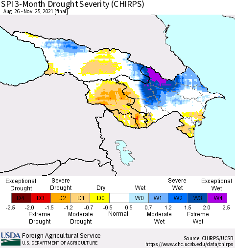 Azerbaijan, Armenia and Georgia SPI 3-Month Drought Severity (CHIRPS) Thematic Map For 8/26/2021 - 11/25/2021