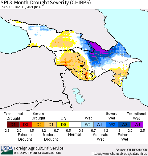 Azerbaijan, Armenia and Georgia SPI 3-Month Drought Severity (CHIRPS) Thematic Map For 9/16/2021 - 12/15/2021