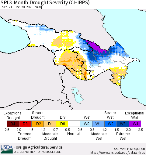 Azerbaijan, Armenia and Georgia SPI 3-Month Drought Severity (CHIRPS) Thematic Map For 9/21/2021 - 12/20/2021