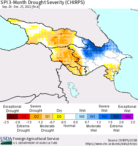 Azerbaijan, Armenia and Georgia SPI 3-Month Drought Severity (CHIRPS) Thematic Map For 9/26/2021 - 12/25/2021