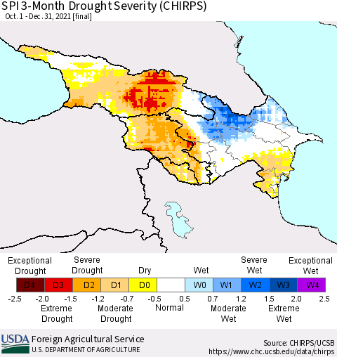 Azerbaijan, Armenia and Georgia SPI 3-Month Drought Severity (CHIRPS) Thematic Map For 10/1/2021 - 12/31/2021