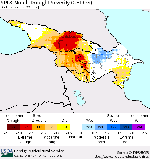 Azerbaijan, Armenia and Georgia SPI 3-Month Drought Severity (CHIRPS) Thematic Map For 10/6/2021 - 1/5/2022