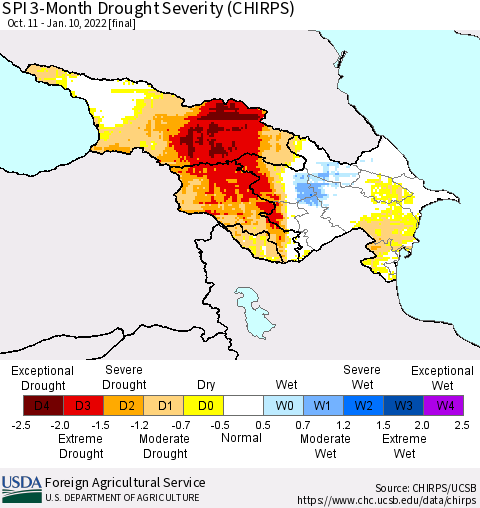 Azerbaijan, Armenia and Georgia SPI 3-Month Drought Severity (CHIRPS) Thematic Map For 10/11/2021 - 1/10/2022