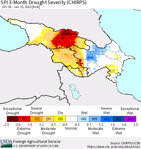 Azerbaijan, Armenia and Georgia SPI 3-Month Drought Severity (CHIRPS) Thematic Map For 10/16/2021 - 1/15/2022