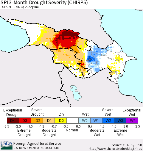 Azerbaijan, Armenia and Georgia SPI 3-Month Drought Severity (CHIRPS) Thematic Map For 10/21/2021 - 1/20/2022