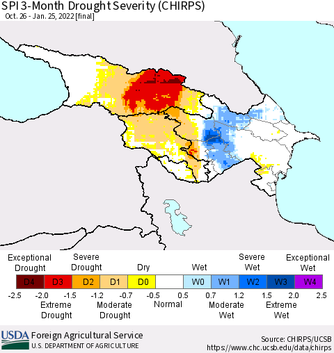 Azerbaijan, Armenia and Georgia SPI 3-Month Drought Severity (CHIRPS) Thematic Map For 10/26/2021 - 1/25/2022