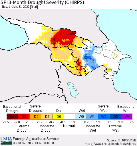 Azerbaijan, Armenia and Georgia SPI 3-Month Drought Severity (CHIRPS) Thematic Map For 11/1/2021 - 1/31/2022