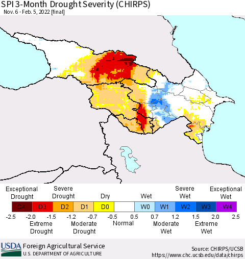 Azerbaijan, Armenia and Georgia SPI 3-Month Drought Severity (CHIRPS) Thematic Map For 11/6/2021 - 2/5/2022