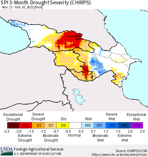 Azerbaijan, Armenia and Georgia SPI 3-Month Drought Severity (CHIRPS) Thematic Map For 11/11/2021 - 2/10/2022