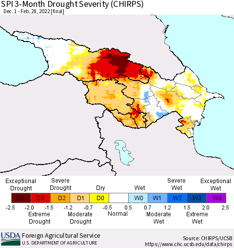 Azerbaijan, Armenia and Georgia SPI 3-Month Drought Severity (CHIRPS) Thematic Map For 12/1/2021 - 2/28/2022