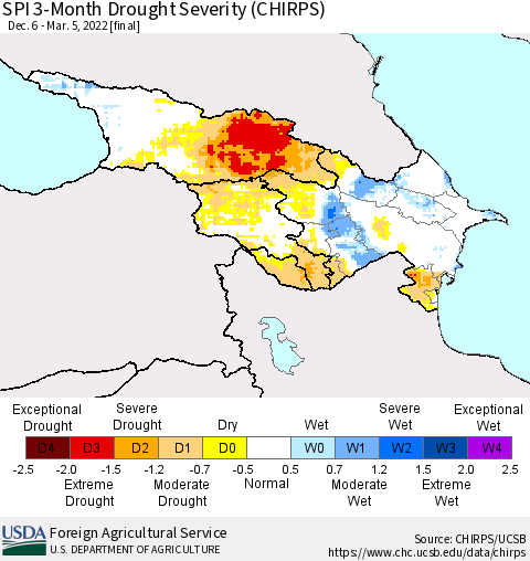 Azerbaijan, Armenia and Georgia SPI 3-Month Drought Severity (CHIRPS) Thematic Map For 12/6/2021 - 3/5/2022