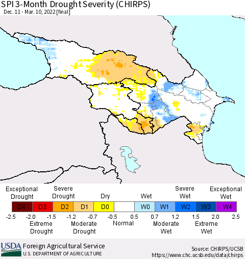 Azerbaijan, Armenia and Georgia SPI 3-Month Drought Severity (CHIRPS) Thematic Map For 12/11/2021 - 3/10/2022