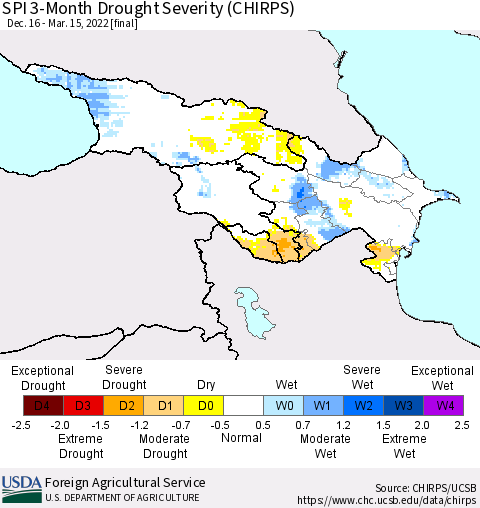 Azerbaijan, Armenia and Georgia SPI 3-Month Drought Severity (CHIRPS) Thematic Map For 12/16/2021 - 3/15/2022