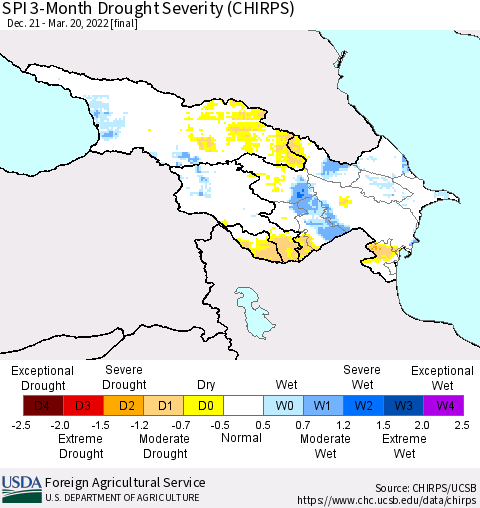 Azerbaijan, Armenia and Georgia SPI 3-Month Drought Severity (CHIRPS) Thematic Map For 12/21/2021 - 3/20/2022