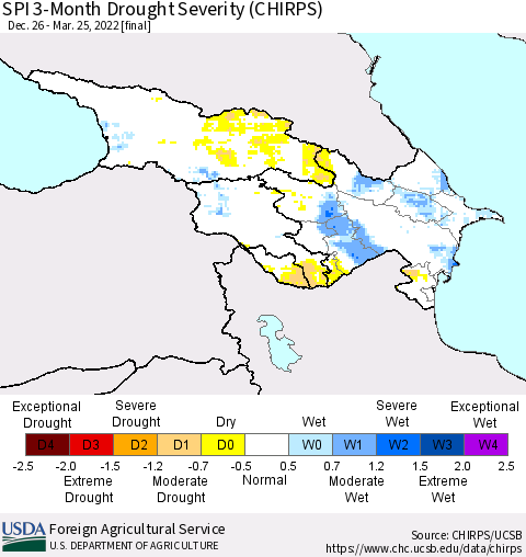 Azerbaijan, Armenia and Georgia SPI 3-Month Drought Severity (CHIRPS) Thematic Map For 12/26/2021 - 3/25/2022