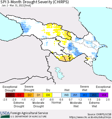 Azerbaijan, Armenia and Georgia SPI 3-Month Drought Severity (CHIRPS) Thematic Map For 1/1/2022 - 3/31/2022