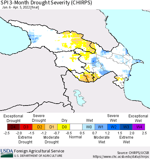 Azerbaijan, Armenia and Georgia SPI 3-Month Drought Severity (CHIRPS) Thematic Map For 1/6/2022 - 4/5/2022