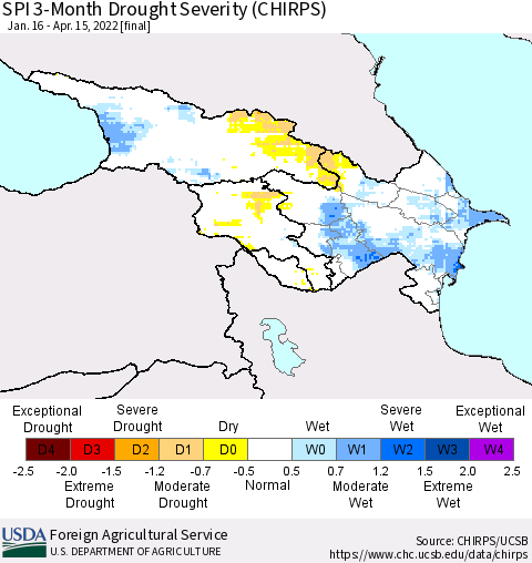 Azerbaijan, Armenia and Georgia SPI 3-Month Drought Severity (CHIRPS) Thematic Map For 1/16/2022 - 4/15/2022