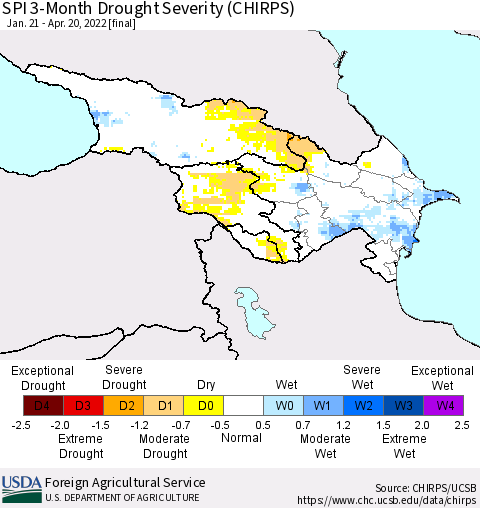 Azerbaijan, Armenia and Georgia SPI 3-Month Drought Severity (CHIRPS) Thematic Map For 1/21/2022 - 4/20/2022