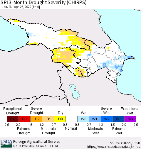 Azerbaijan, Armenia and Georgia SPI 3-Month Drought Severity (CHIRPS) Thematic Map For 1/26/2022 - 4/25/2022