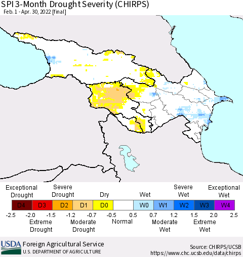 Azerbaijan, Armenia and Georgia SPI 3-Month Drought Severity (CHIRPS) Thematic Map For 2/1/2022 - 4/30/2022