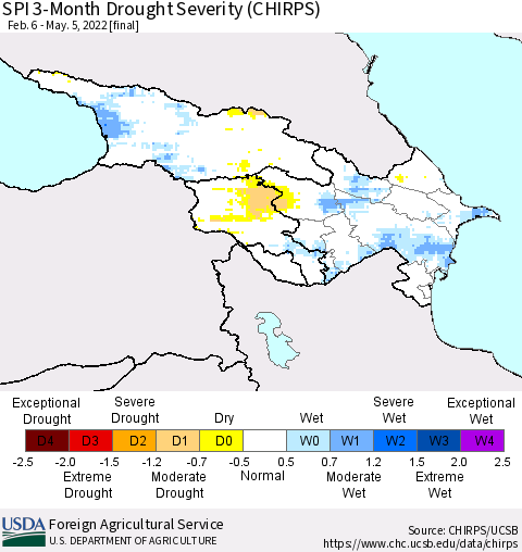 Azerbaijan, Armenia and Georgia SPI 3-Month Drought Severity (CHIRPS) Thematic Map For 2/6/2022 - 5/5/2022