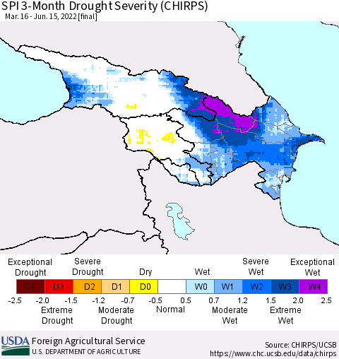 Azerbaijan, Armenia and Georgia SPI 3-Month Drought Severity (CHIRPS) Thematic Map For 3/16/2022 - 6/15/2022
