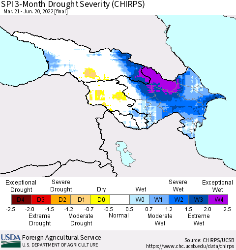 Azerbaijan, Armenia and Georgia SPI 3-Month Drought Severity (CHIRPS) Thematic Map For 3/21/2022 - 6/20/2022