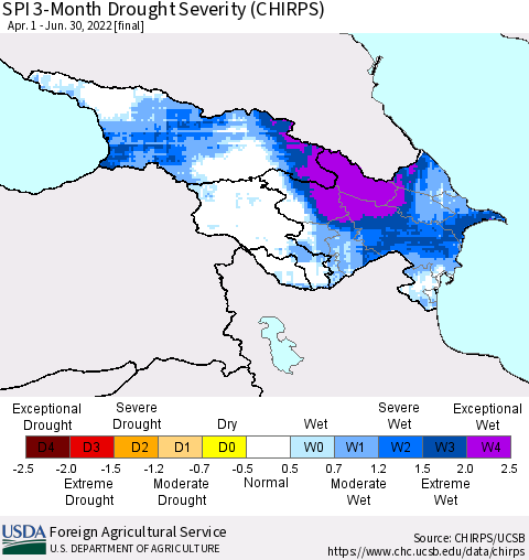 Azerbaijan, Armenia and Georgia SPI 3-Month Drought Severity (CHIRPS) Thematic Map For 4/1/2022 - 6/30/2022