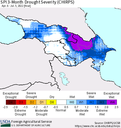 Azerbaijan, Armenia and Georgia SPI 3-Month Drought Severity (CHIRPS) Thematic Map For 4/6/2022 - 7/5/2022