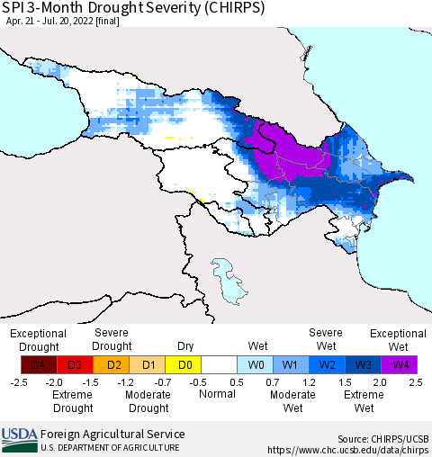 Azerbaijan, Armenia and Georgia SPI 3-Month Drought Severity (CHIRPS) Thematic Map For 4/21/2022 - 7/20/2022